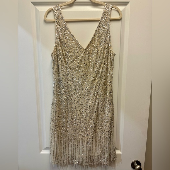 Mac Duggal Beaded Fringe Sequined Mini Dress - Nude/Silver - Size 12 - Picture 2 of 10